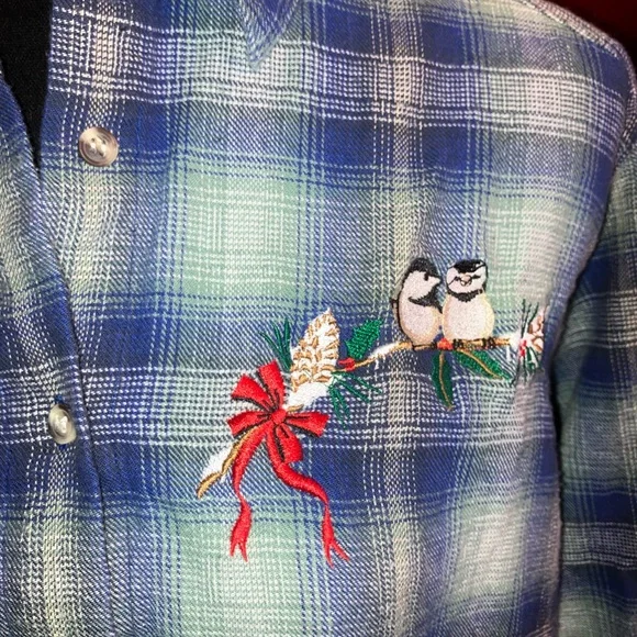 Vintage plaid Christmas shirt, blue button-down birds embroidery, Holiday medium - Picture 3 of 6